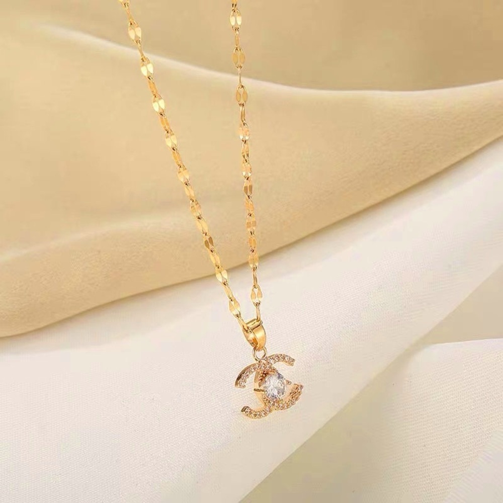 18K Gold Letter C Monogram Center Diamond Pendant Necklace Geometrical Design - Picture 2 of 9